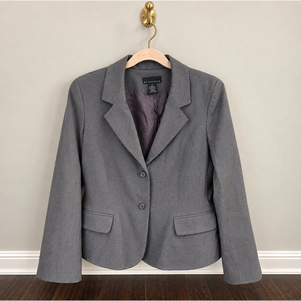 Attention Womens Grey Two Button Lined Blazer Jacket Size 12 Professional Office